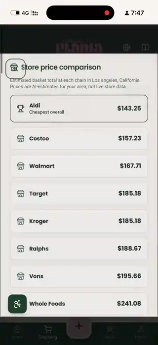 Plania app screen