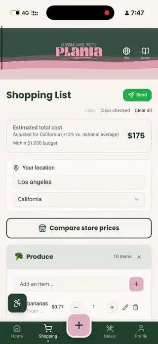 Plania app screen